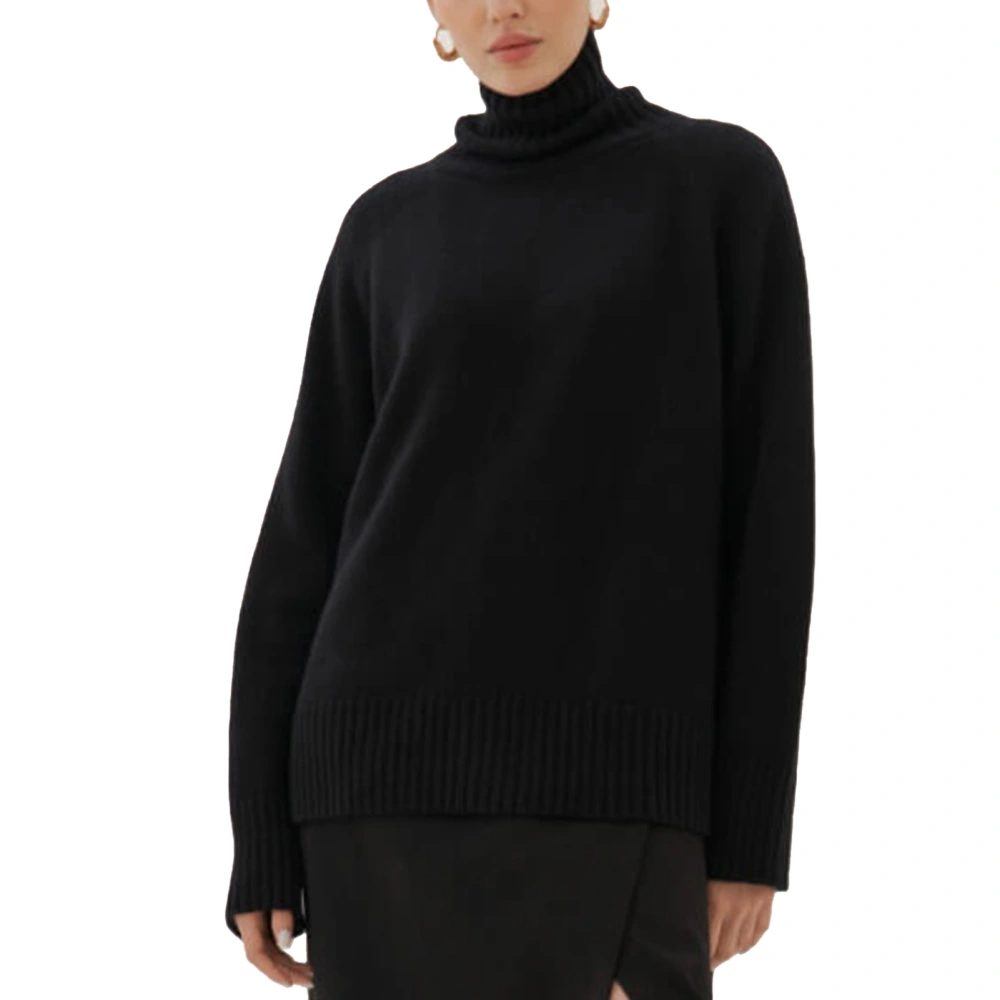 Women High Neck Sweater Long Sleeves Loose Fitting Casual Knitted Pullover for Autumn Winter Black L