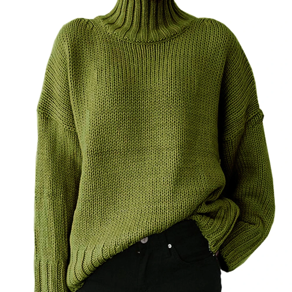 Women Long Sleeves Sweater High Collar Loose Fitting Casual Knitted Pullover Sweatershirt Green L