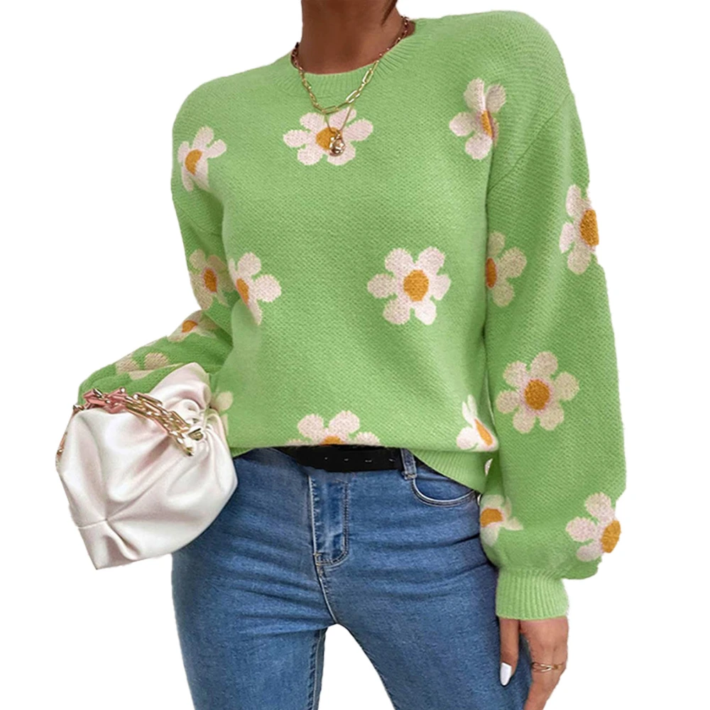 Women Long Puff Sleeve Crewneck Sweater Casual Fashionable Floral Print Pullover Knit Top for Holiday Party Green XL