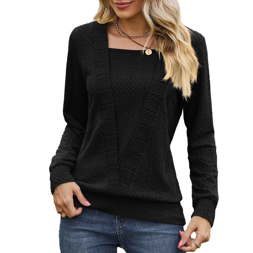 Women Long Sleeve Shirt Pure Color Square Neck Crossover Loose Long Base Bottom Top Black L