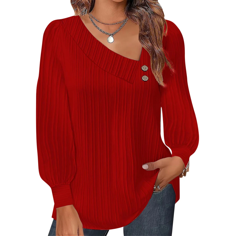 Women Long Sleeved Tops Button Down Soft Breathable Skin Friendly Long Sleeve Blouse for Date Outdoor Red M