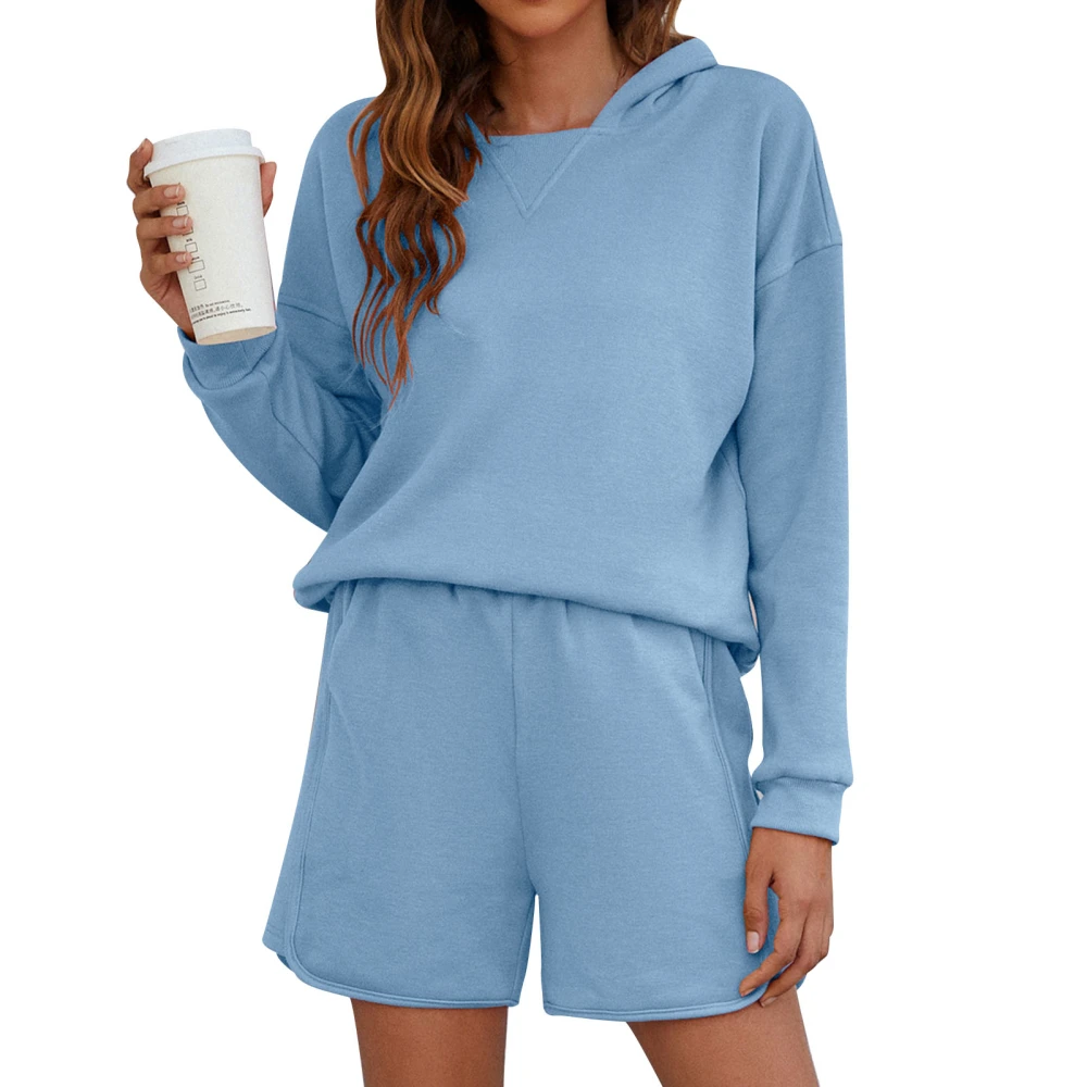 Women Hoodie Shorts Set Long Sleeve Plain Color Split Hem 2 Piece Hooded Oufits Set Blue L