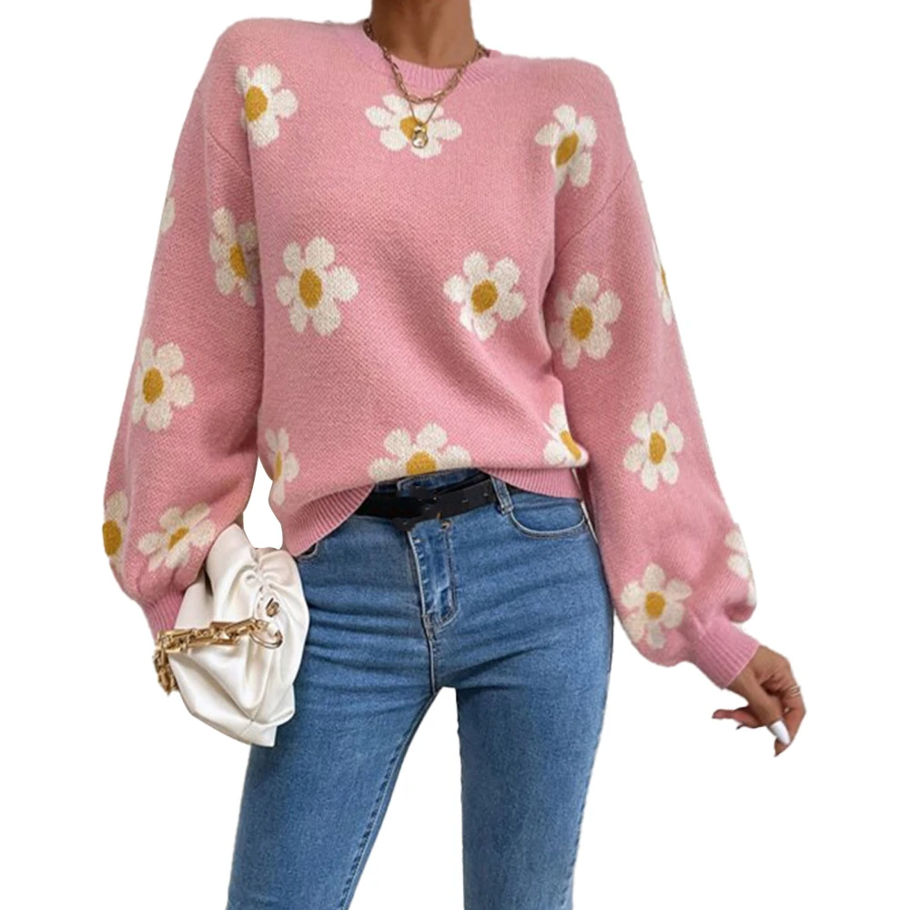 Women Long Puff Sleeve Crewneck Sweater Casual Fashionable Floral Print Pullover Knit Top for Holiday Party Pink M