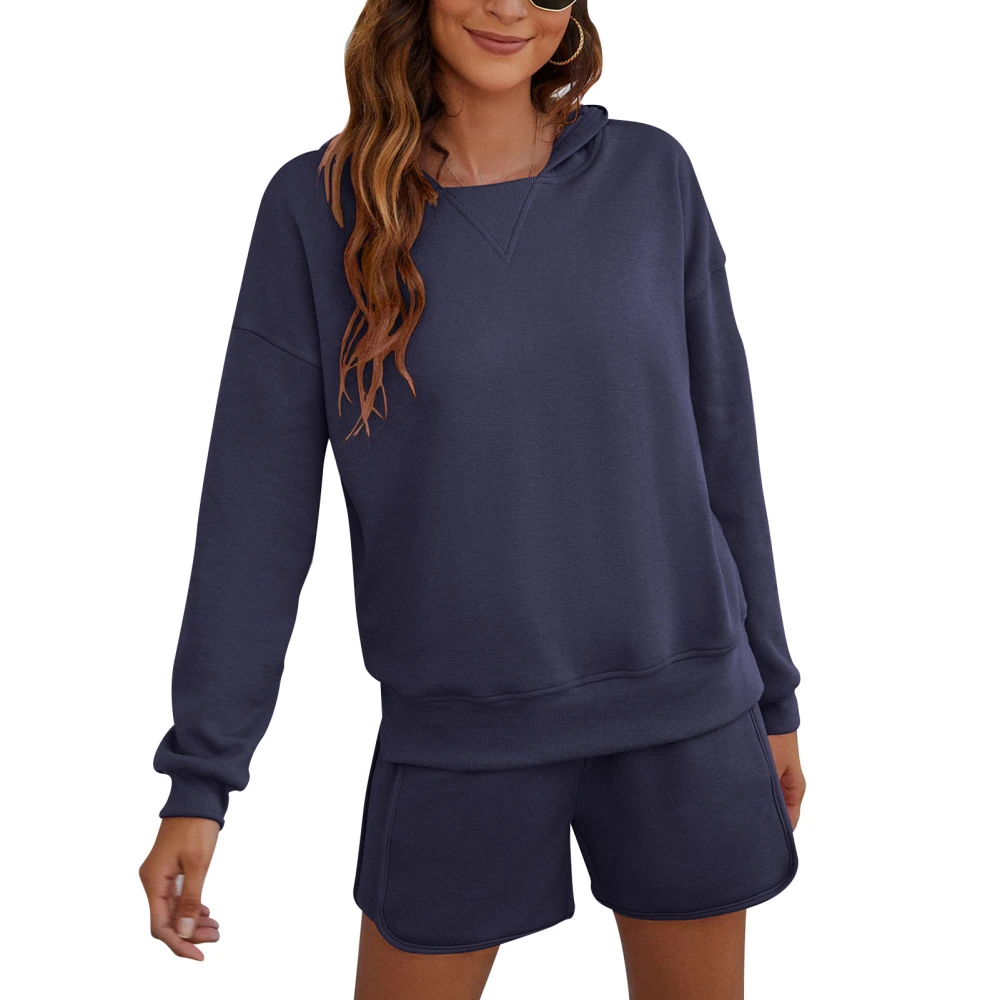 Women Hoodie Shorts Set Long Sleeve Plain Color Split Hem 2 Piece Hooded Oufits Set Navy Blue L