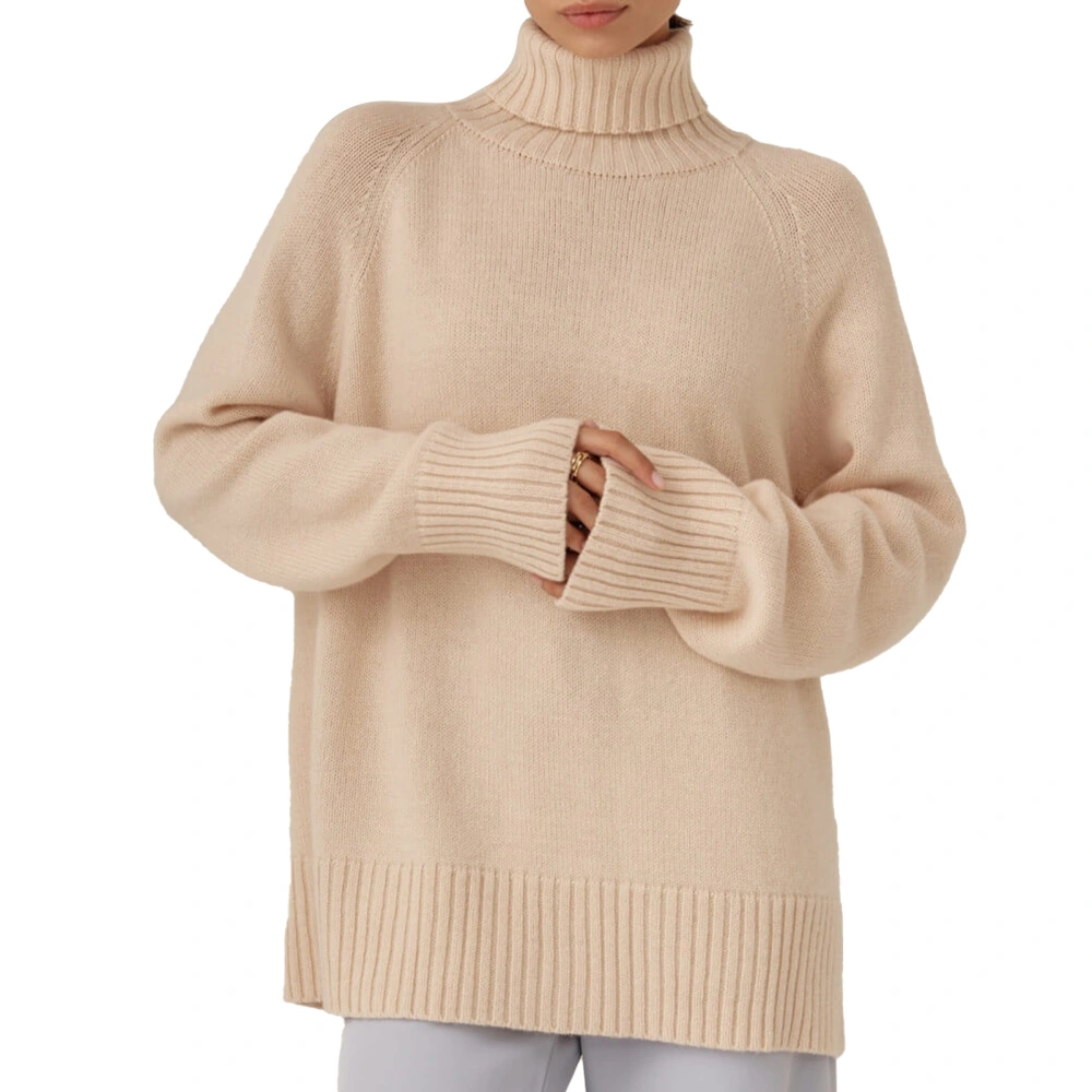 Women High Neck Sweater Long Sleeves Loose Fitting Casual Knitted Pullover for Autumn Winter Apricot M