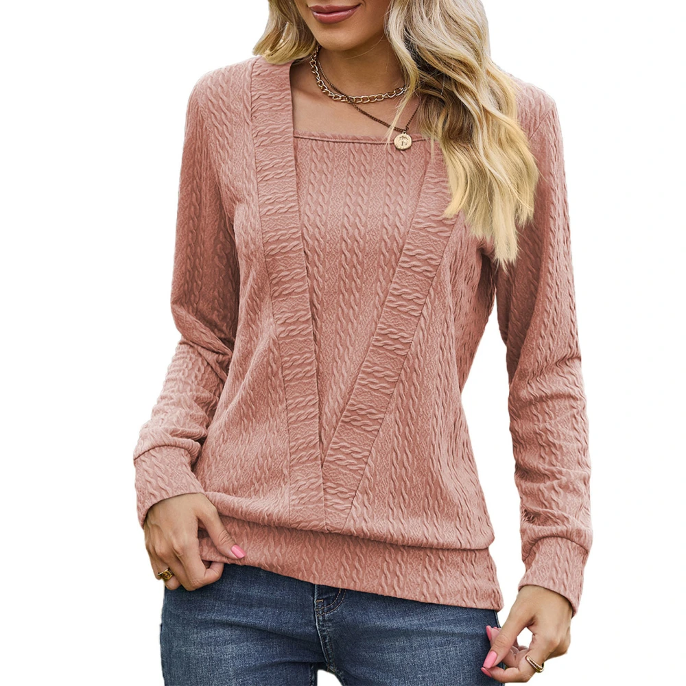 Women Long Sleeve Shirt Pure Color Square Neck Crossover Loose Long Base Bottom Top Pink L