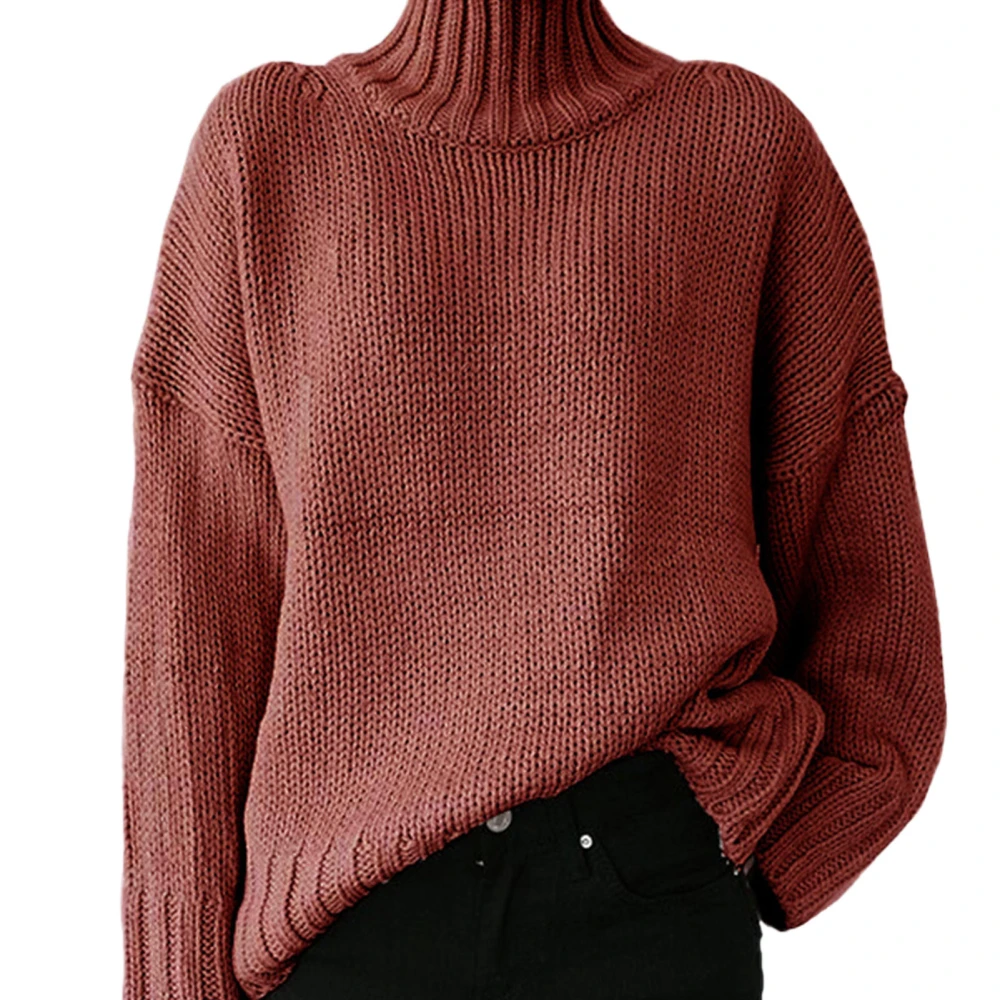 Women Long Sleeves Sweater High Collar Loose Fitting Casual Knitted Pullover Sweatershirt Brownish Red S