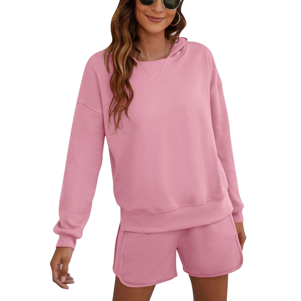 Women Hoodie Shorts Set Long Sleeve Plain Color Split Hem 2 Piece Hooded Oufits Set Pink L