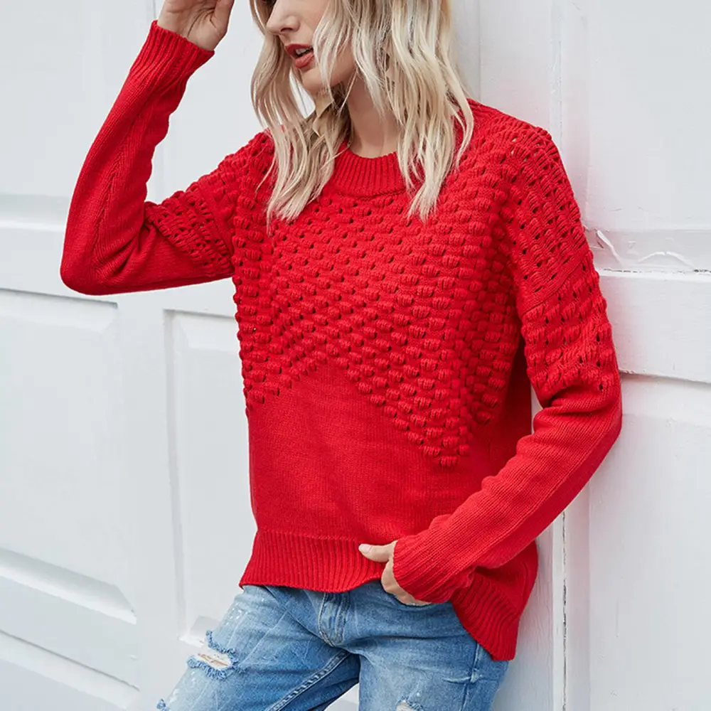 Women Hollow Out Sweater Long Sleeve Round Neck Pure Color Warm Comfortable Casual Stylish Knit Pullover Top Red M