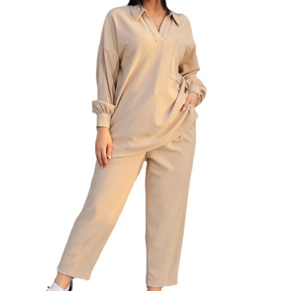 Women Casual 2 Piece Outfit Pure Color Long Sleeve V Neck Pullover High Waist Pants with Pockets Apricot XL