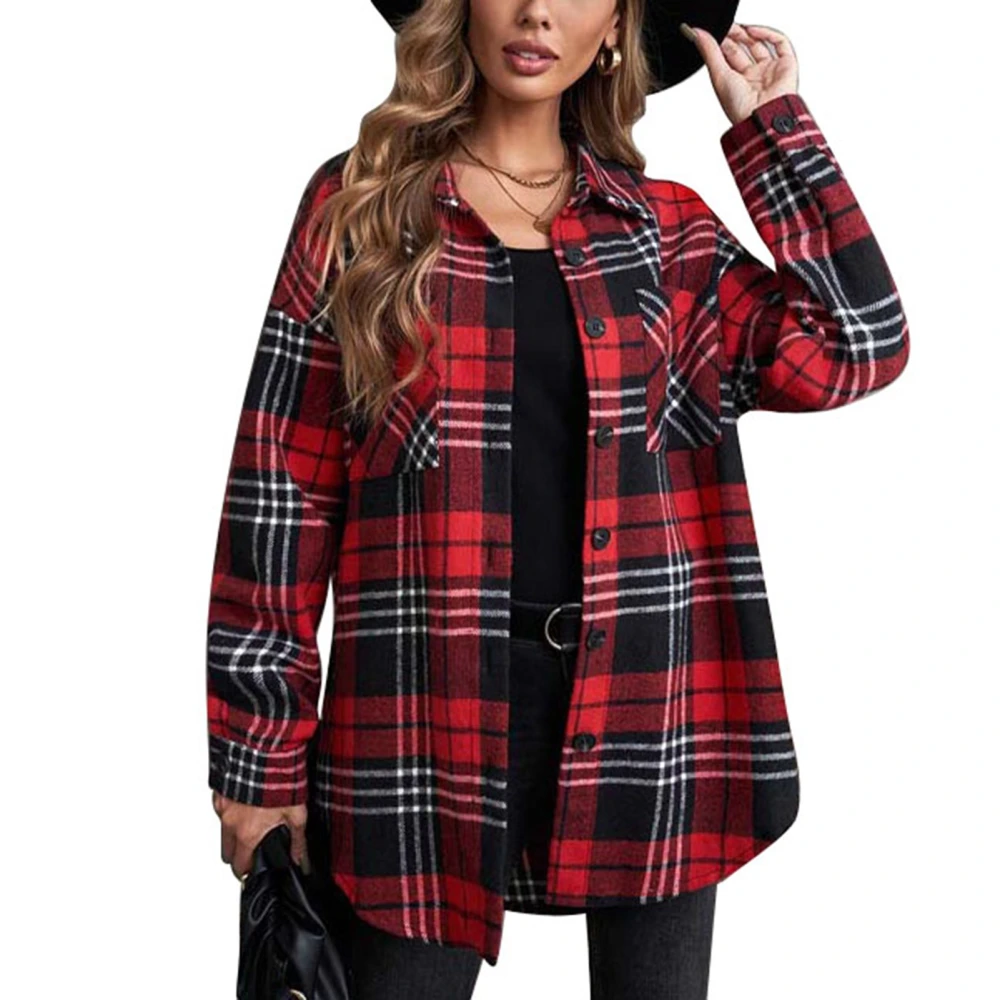 Women Plaid Shirt Jacket Turn Down Collar Single Breasted Casual Long Sleeves Coat with Chest Pocket Black Red S