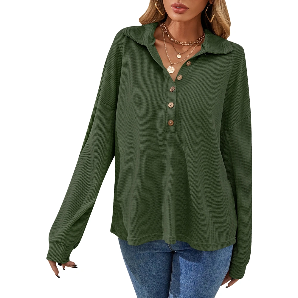 Button Front Long Sleeve Shirt Turn Down Collar Loose Pure Color Base Shirt Leisure Top for Woman Green S