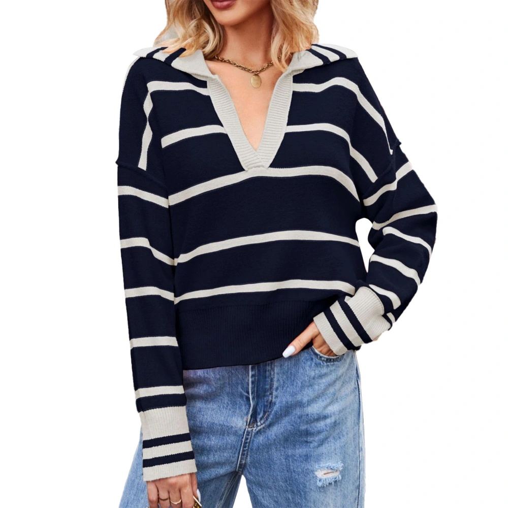 Women Striped Sweater V Neck Turn Down Collar Long Sleeves Color Contrast Casual Knitted Top Dark Royal Blue M