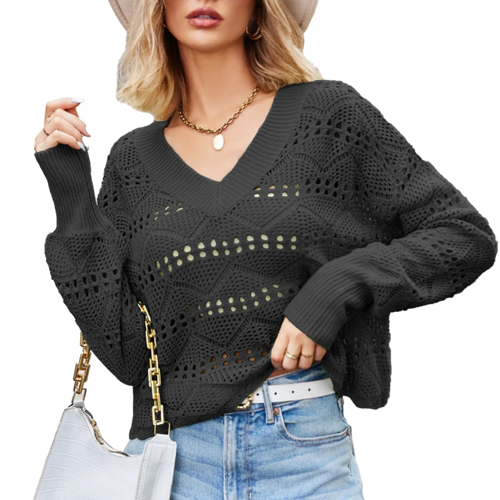 Women Long Sleeve V Neck Knit Top Loose Casual Plain Color Hollow Out Pullover Sweater for Dating Party Black L