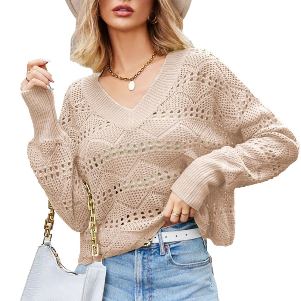 Women Long Sleeve V Neck Knit Top Loose Casual Plain Color Hollow Out Pullover Sweater for Dating Party Khaki M