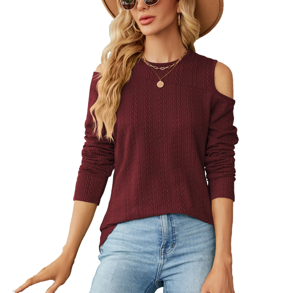 Women Cold Shoulder Fall Top Crew Neck Long Sleeve Loose Fit Casual Textured Basic Tee Top Wine Red M