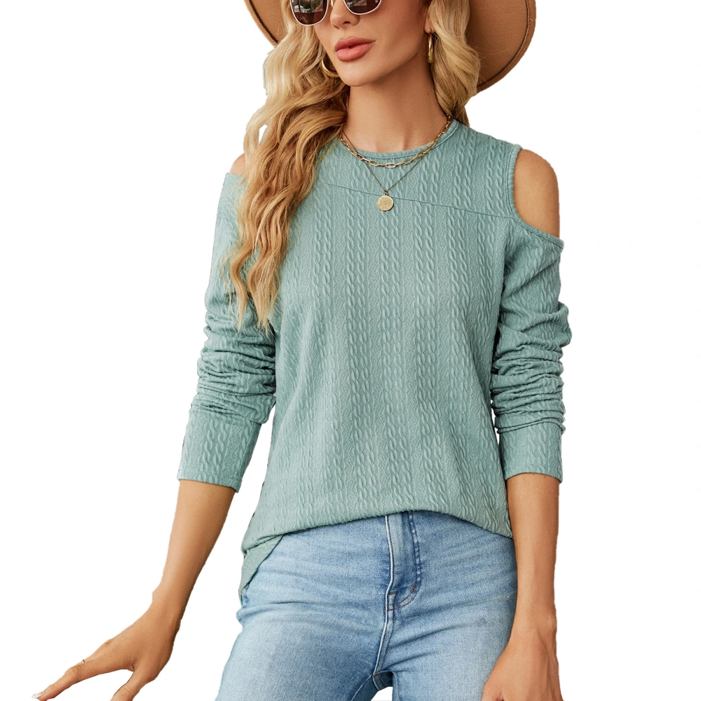 Women Cold Shoulder Fall Top Crew Neck Long Sleeve Loose Fit Casual Textured Basic Tee Top Dark Green XL