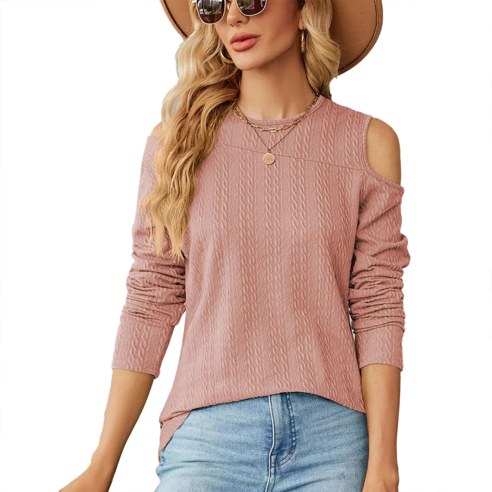 Women Cold Shoulder Fall Top Crew Neck Long Sleeve Loose Fit Casual Textured Basic Tee Top Dark Pink S