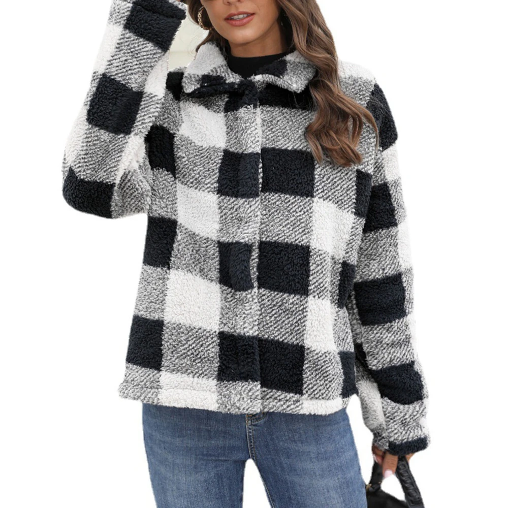 Women Fleece Fuzzy Jacket Button Up Turn Down Collar Long Sleeve Loose Fit Plaid Fuzzy Jacket Black XL