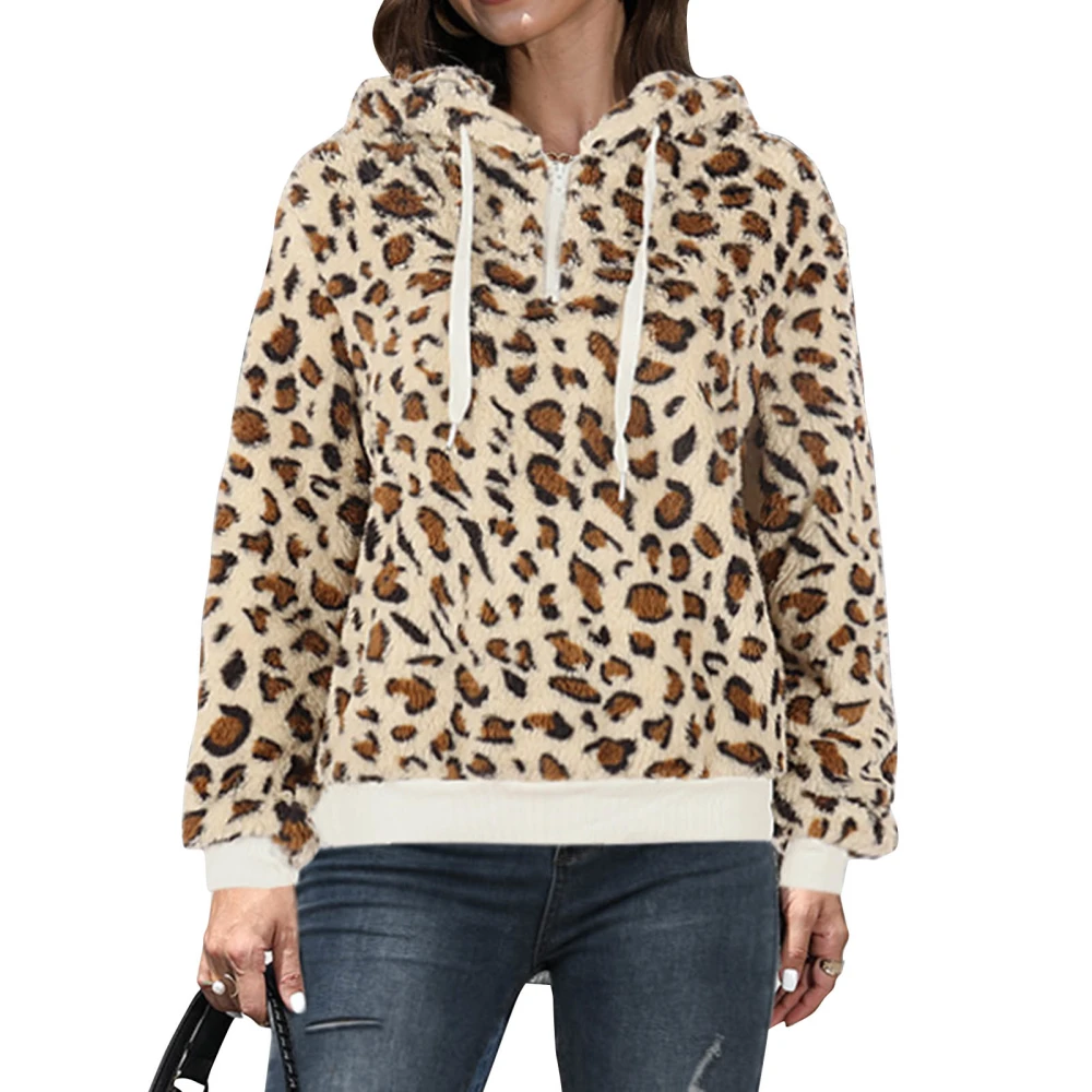 Printed Drawstring Sweatshirt Hooded Fashion Print Thicken Long Sleeve Zipper Warmth Pullover Sweatshirt for Woman Leopard Print L