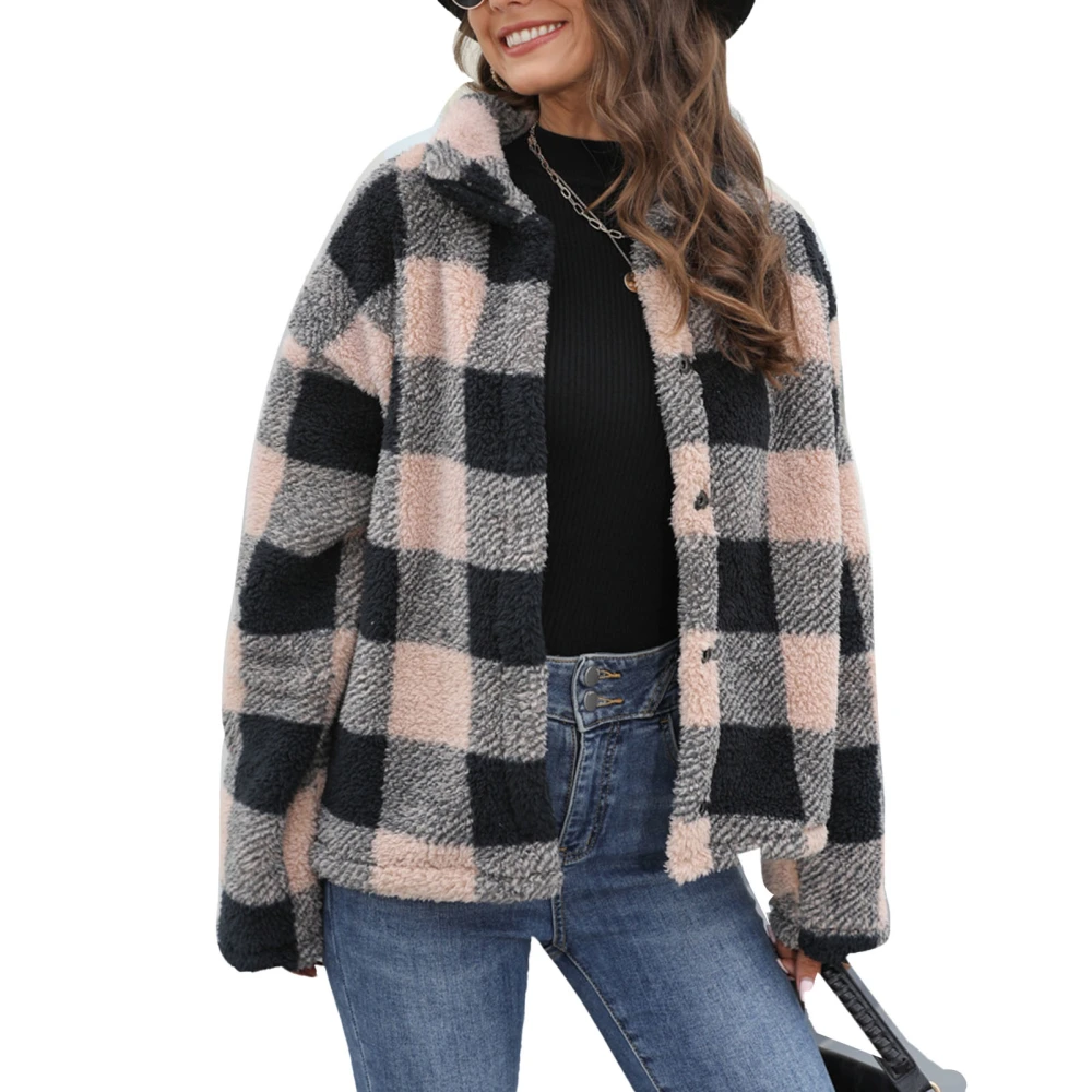 Women Fleece Fuzzy Jacket Button Up Turn Down Collar Long Sleeve Loose Fit Plaid Fuzzy Jacket Pink S