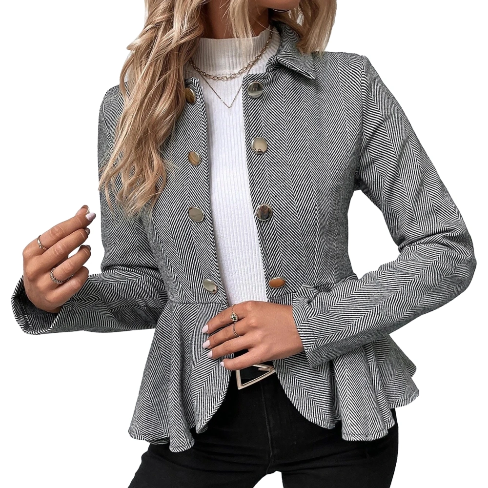 Women Suit Jacket Turn Down Collar Ruffle Hem Double Breasted Herringbone Dress Outwear Grey L