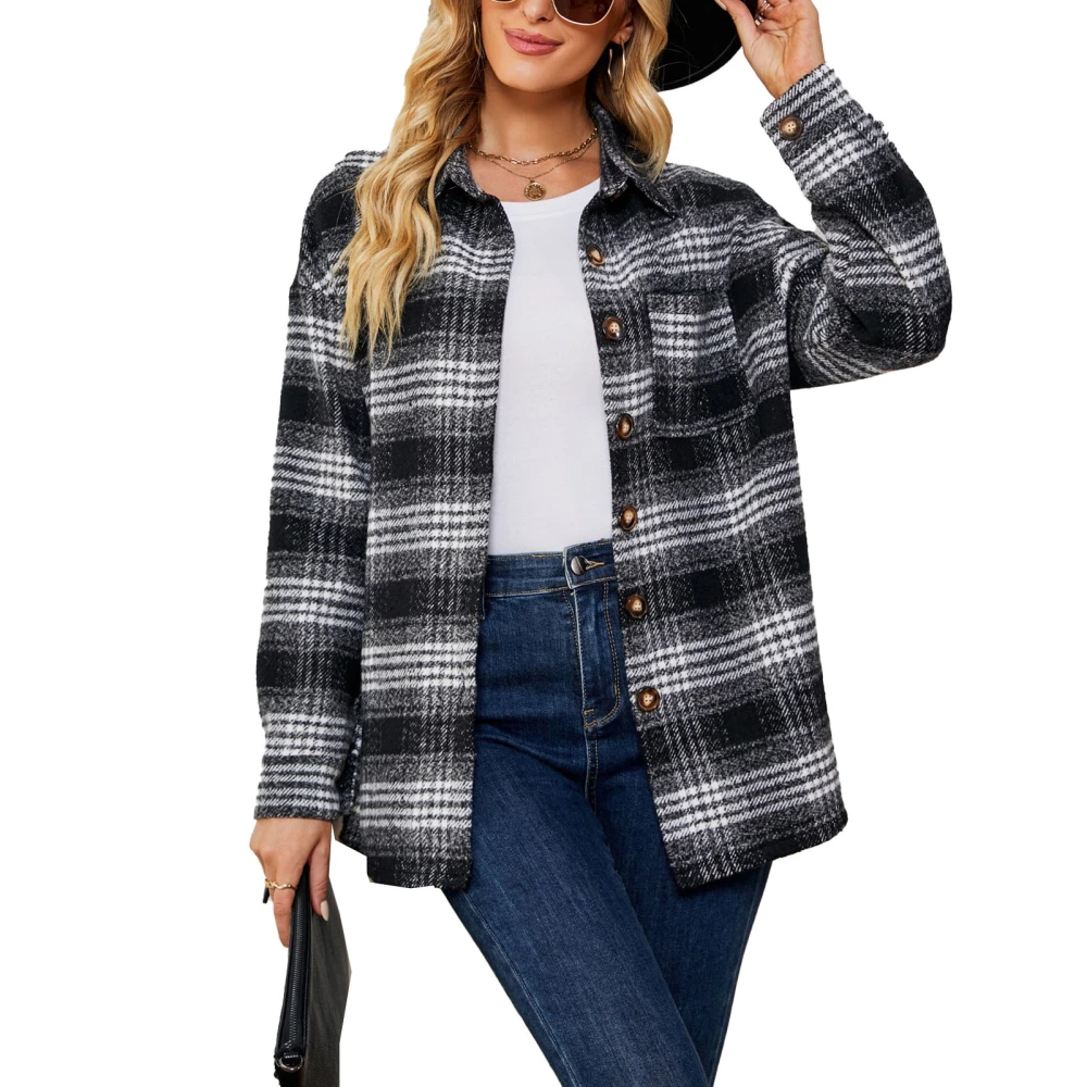 Women Plaid Top Casual Button Down Top Woolen Cloth Soft Long Sleeve Turndown Collar Plaid Blouse Black L