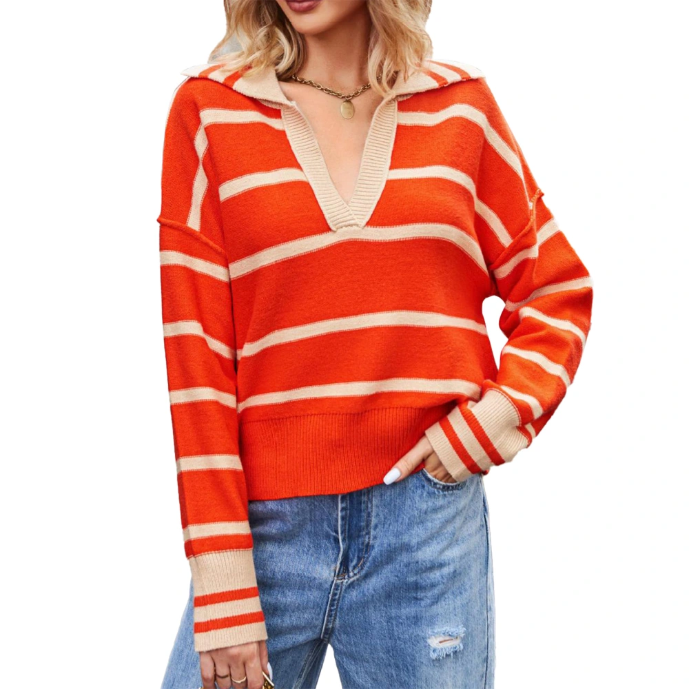 Women Striped Sweater V Neck Turn Down Collar Long Sleeves Color Contrast Casual Knitted Top Orange Red L