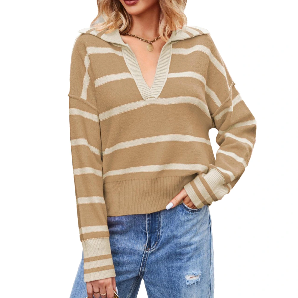 Women Striped Sweater V Neck Turn Down Collar Long Sleeves Color Contrast Casual Knitted Top Khaki L