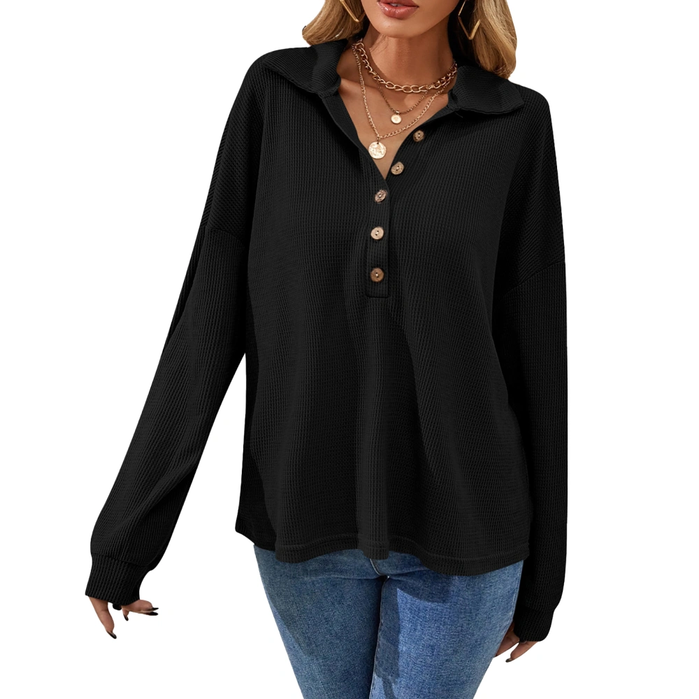 Button Front Long Sleeve Shirt Turn Down Collar Loose Pure Color Base Shirt Leisure Top for Woman Black XL