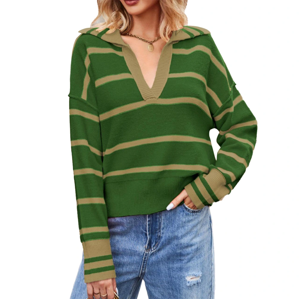 Women Striped Sweater V Neck Turn Down Collar Long Sleeves Color Contrast Casual Knitted Top Green M