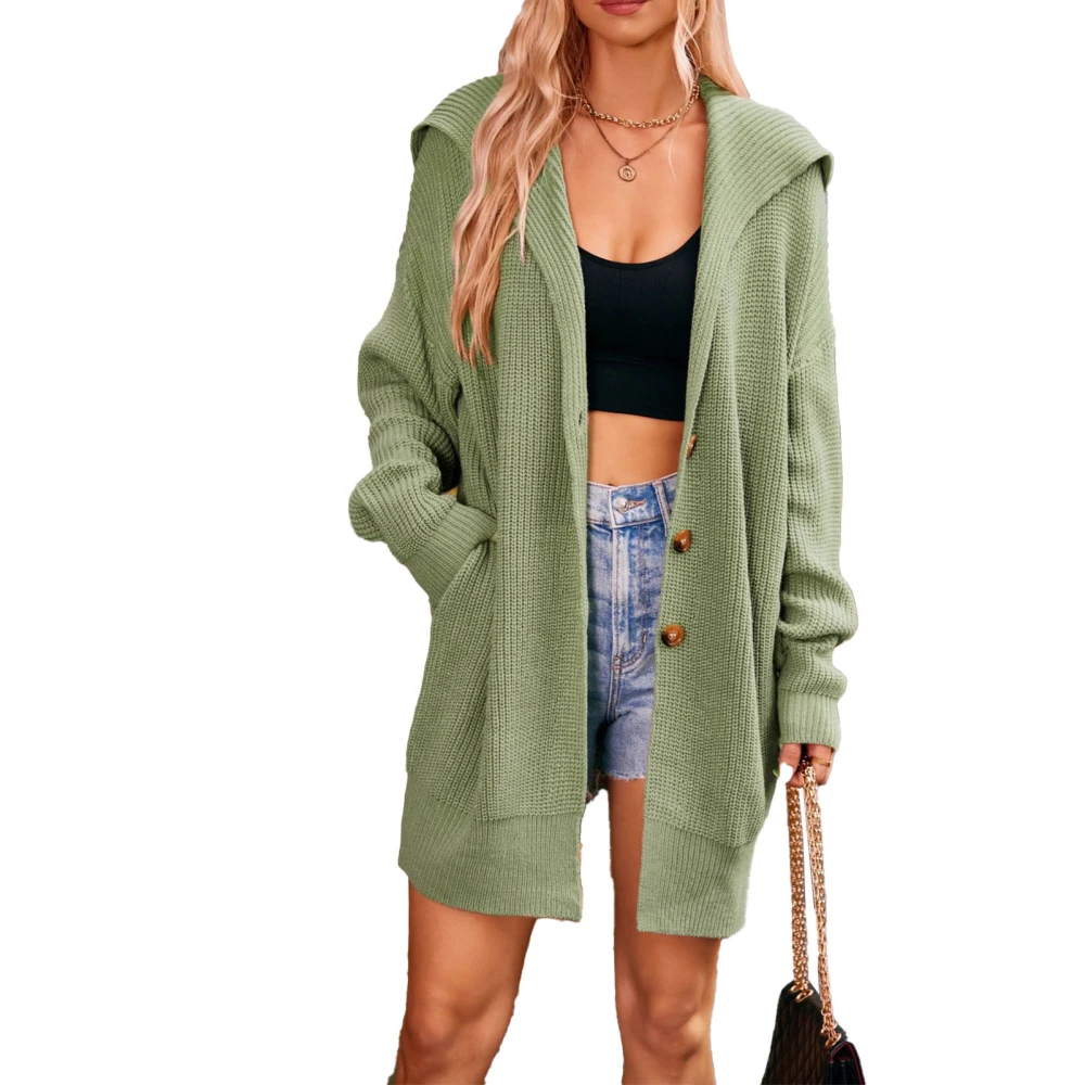 Woman Open Front Sweater Coat Turn Down Collar Mid Length Loose Knitted Pockets Button Long Sleeve Sweater Coat Green M