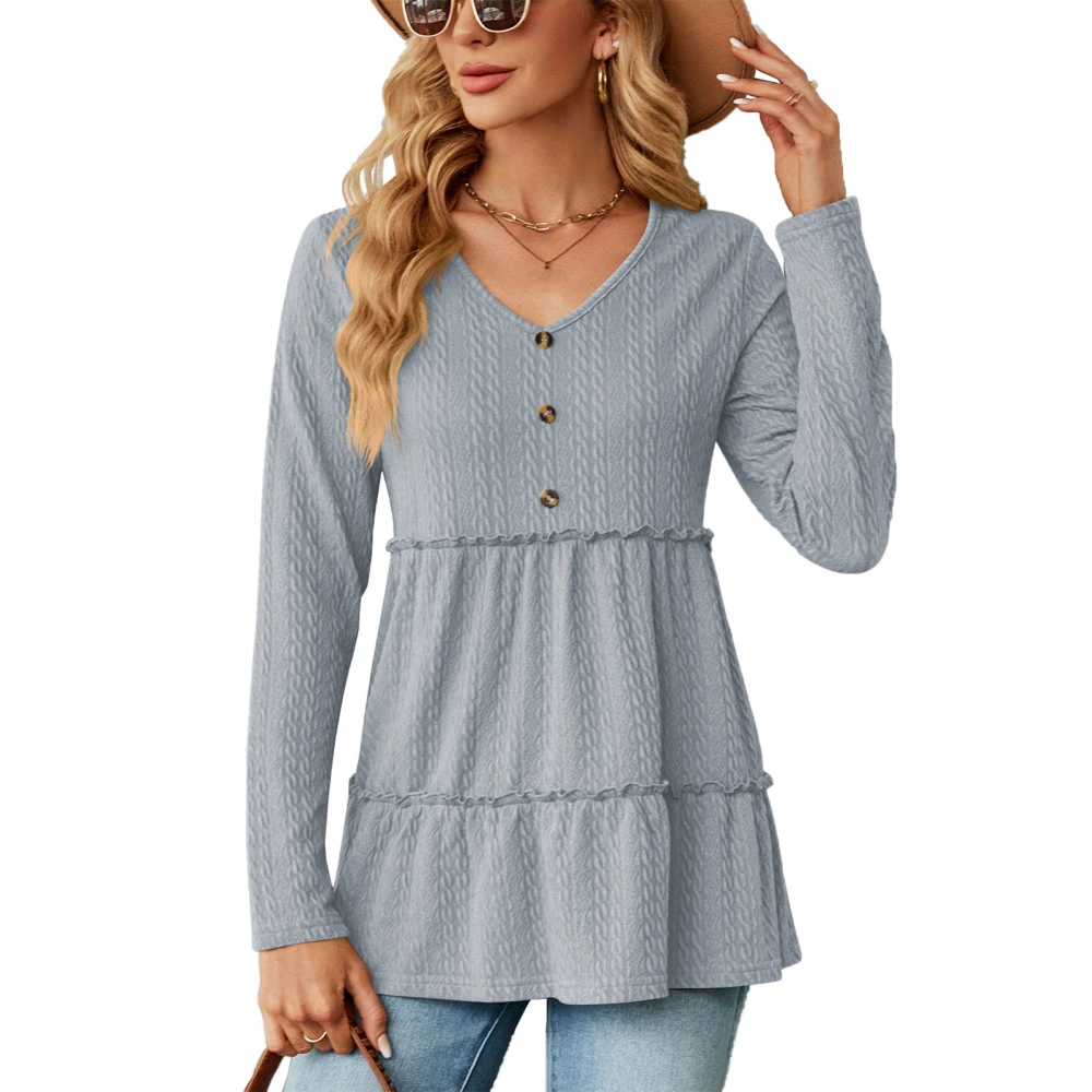 Women Ruffle Hem Blouse V Neck Button Front Long Sleeve Loose Fit Textured Pullover Top Blue Gray L