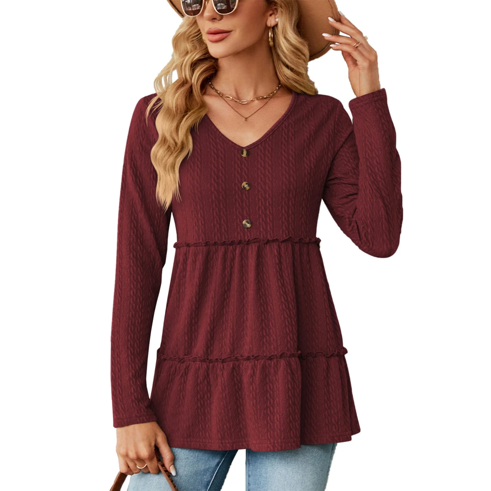 Women Ruffle Hem Blouse V Neck Button Front Long Sleeve Loose Fit Textured Pullover Top Wine Red S