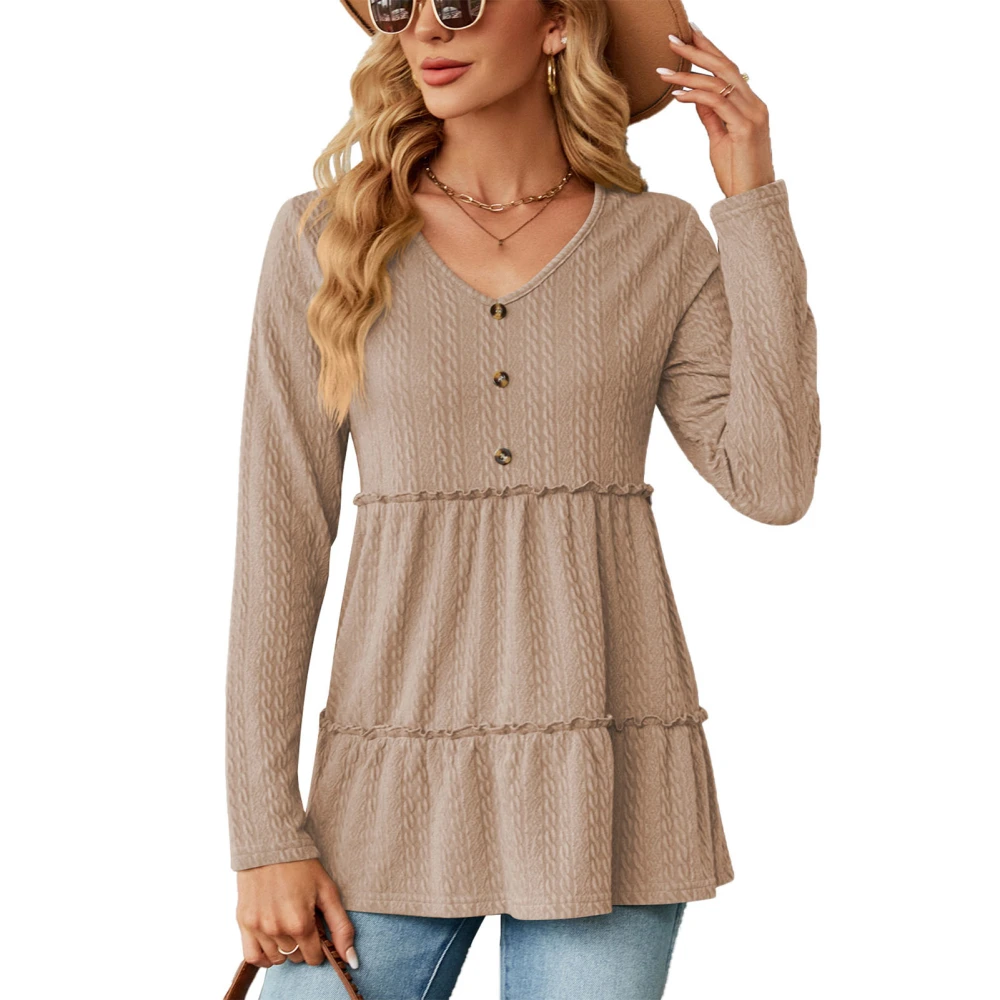 Women Ruffle Hem Blouse V Neck Button Front Long Sleeve Loose Fit Textured Pullover Top Khaki XXL