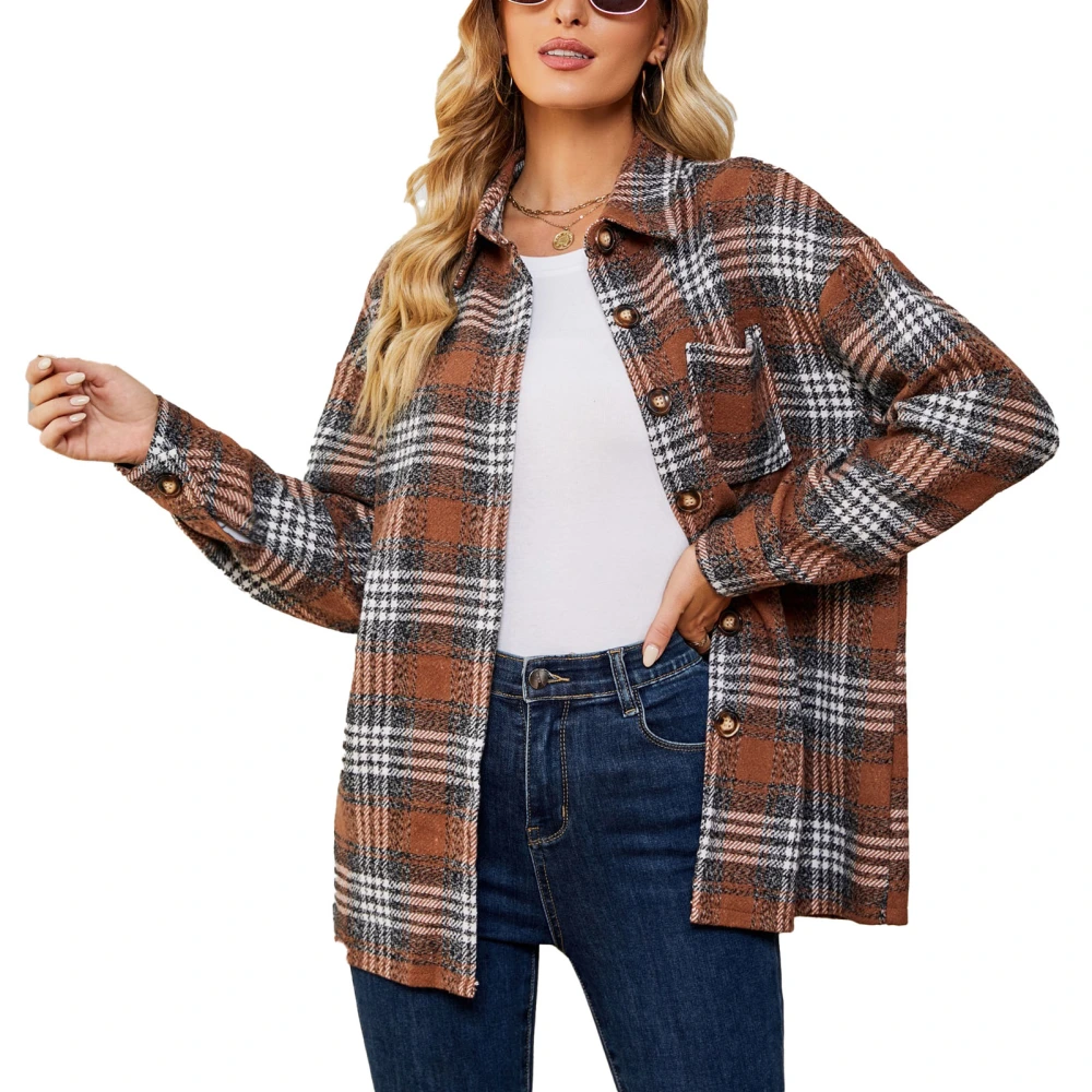 Women Plaid Top Casual Button Down Top Woolen Cloth Soft Long Sleeve Turndown Collar Plaid Blouse Coffee S