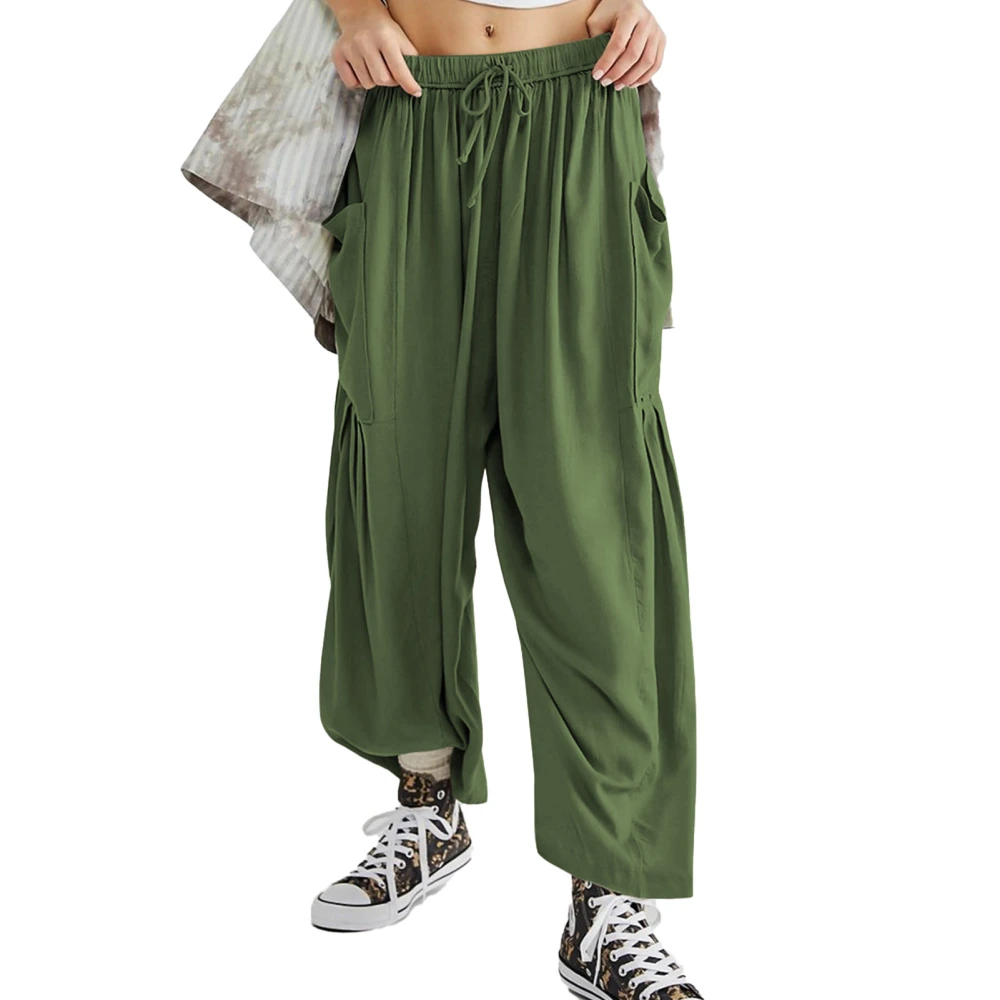 Casual Wide Leg Pants Elastic Waist Drawstring Wide Leg Long Trousers with Pocket for Yoga Home OD Green M