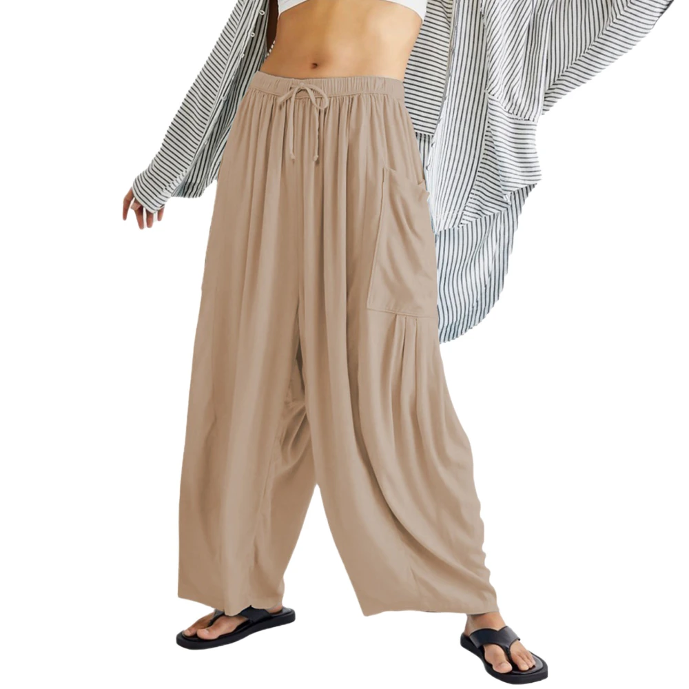 Casual Wide Leg Pants Elastic Waist Drawstring Wide Leg Long Trousers with Pocket for Yoga Home Apricot L