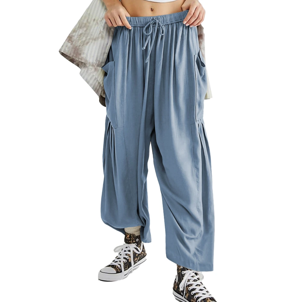 Casual Wide Leg Pants Elastic Waist Drawstring Wide Leg Long Trousers with Pocket for Yoga Home Dark Blue L