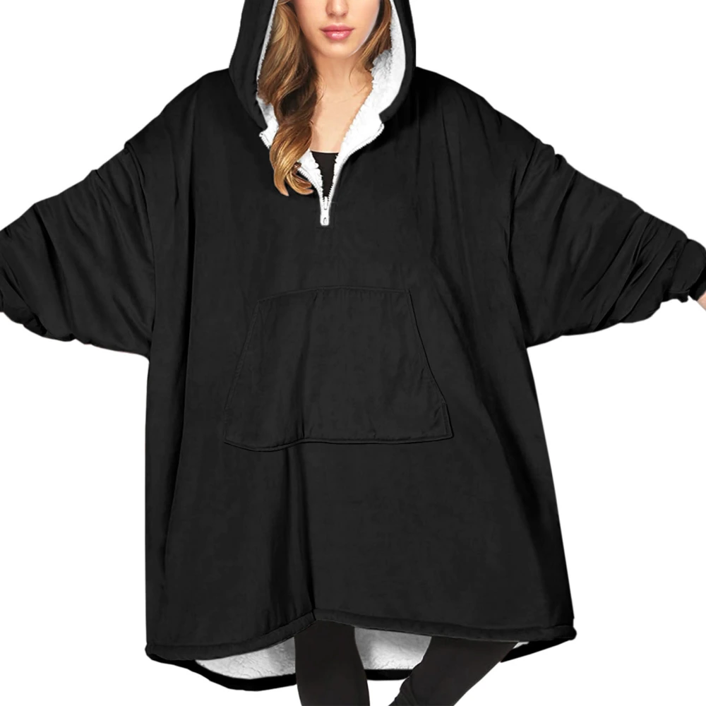 Blanket Hoodie Pure Color Long Sleeves Zipper Design Soft Comfortable Wearable Blanket for Home Casual Black Free Size