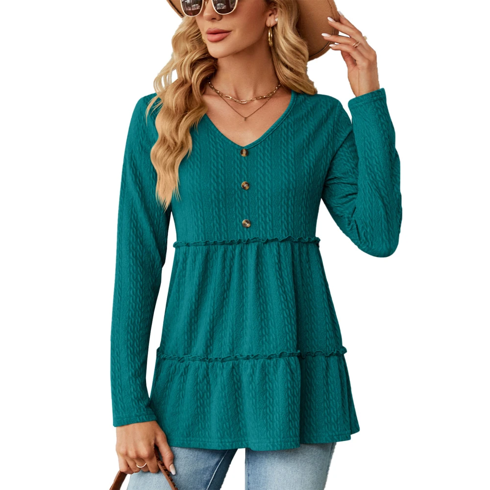 Women Ruffle Hem Blouse V Neck Button Front Long Sleeve Loose Fit Textured Pullover Top Green S