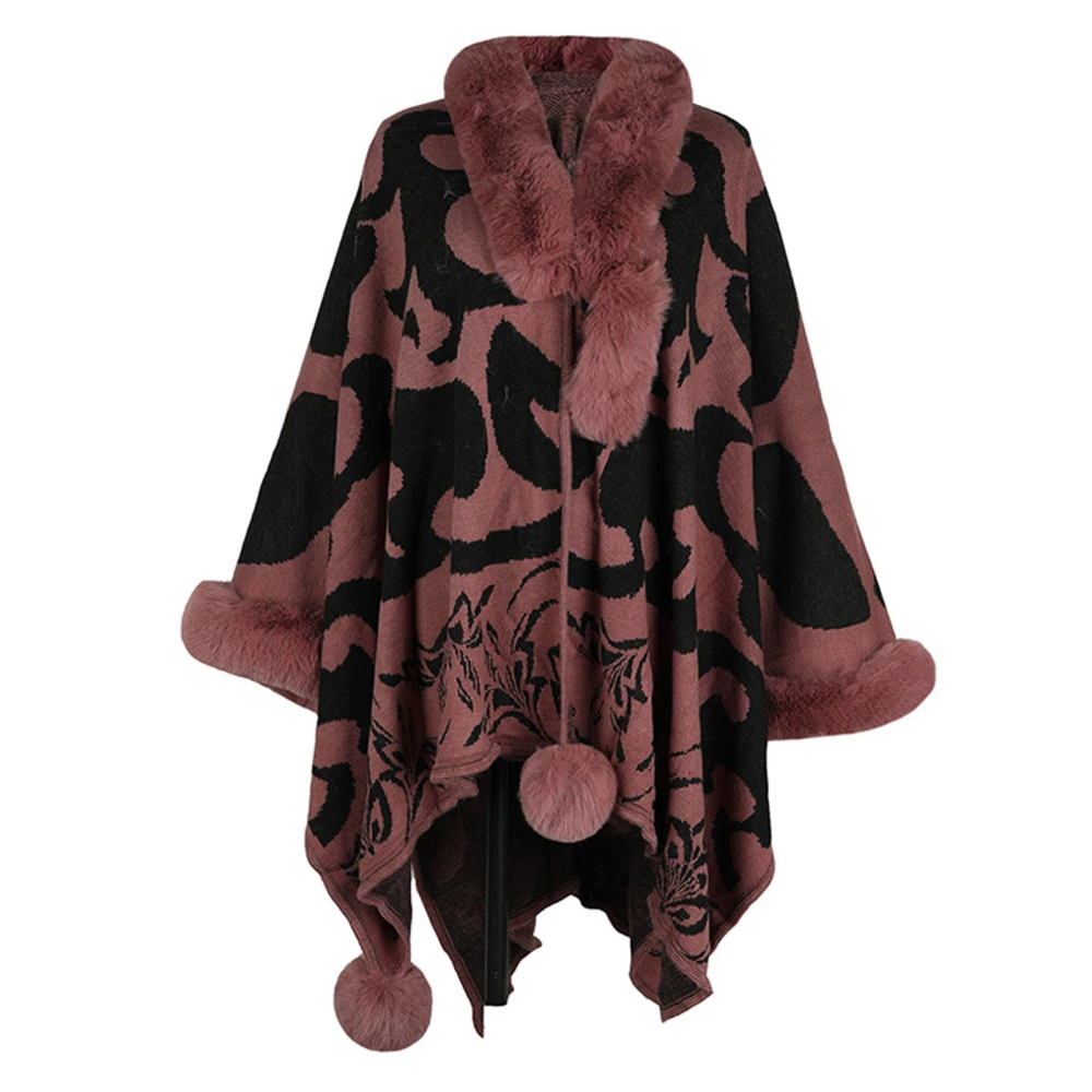 Women Poncho Cape V Neck Long Sleeves Fur Collar Warm Contrast Color Warp Cape for Fall Winter Pink Free Size