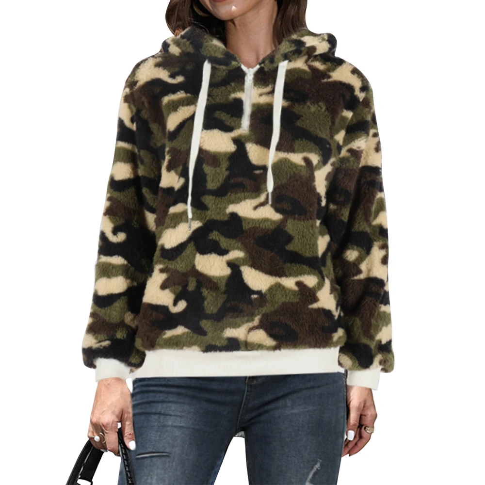 Printed Drawstring Sweatshirt Hooded Fashion Print Thicken Long Sleeve Zipper Warmth Pullover Sweatshirt for Woman Olive Green XL