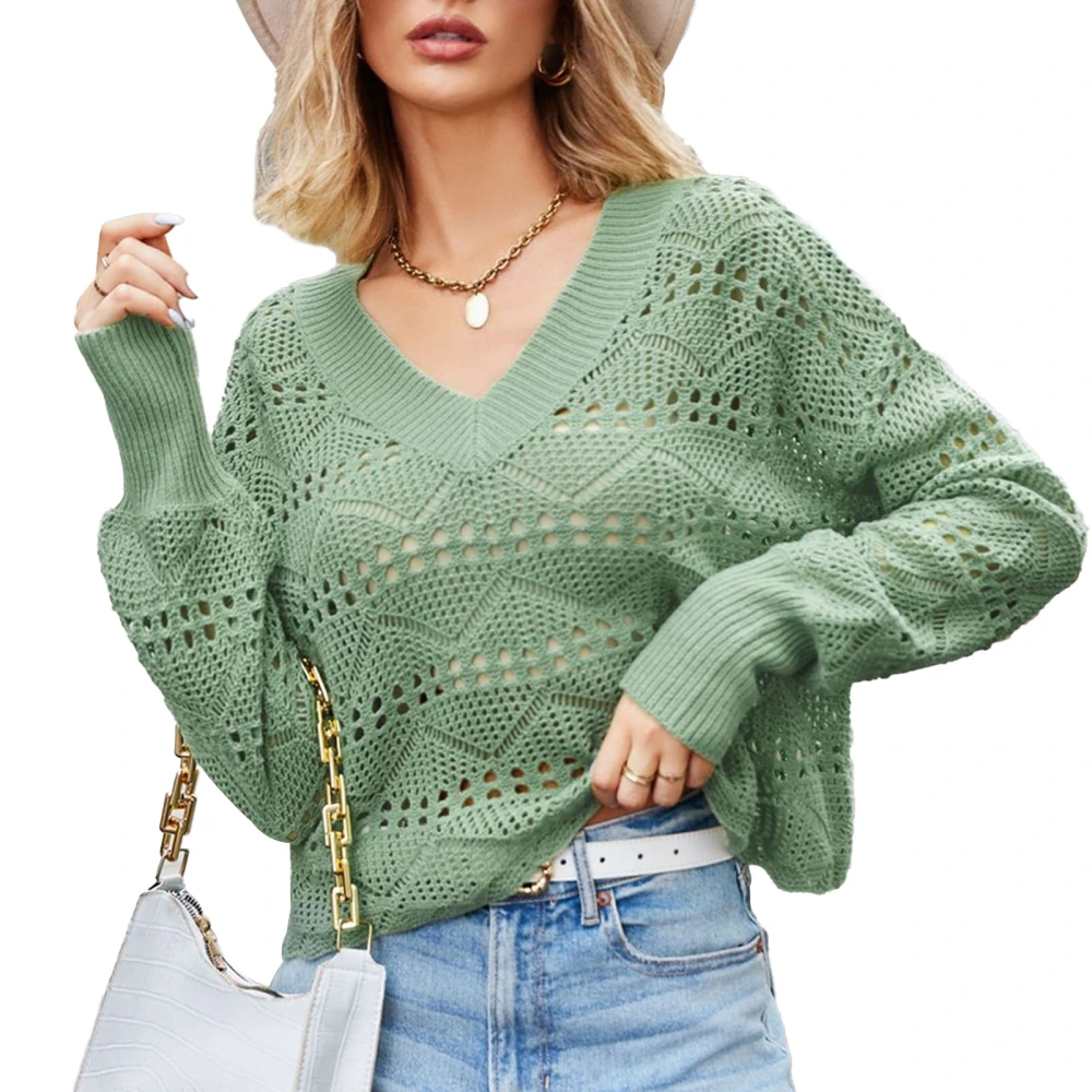 Women Long Sleeve V Neck Knit Top Loose Casual Plain Color Hollow Out Pullover Sweater for Dating Party Green M