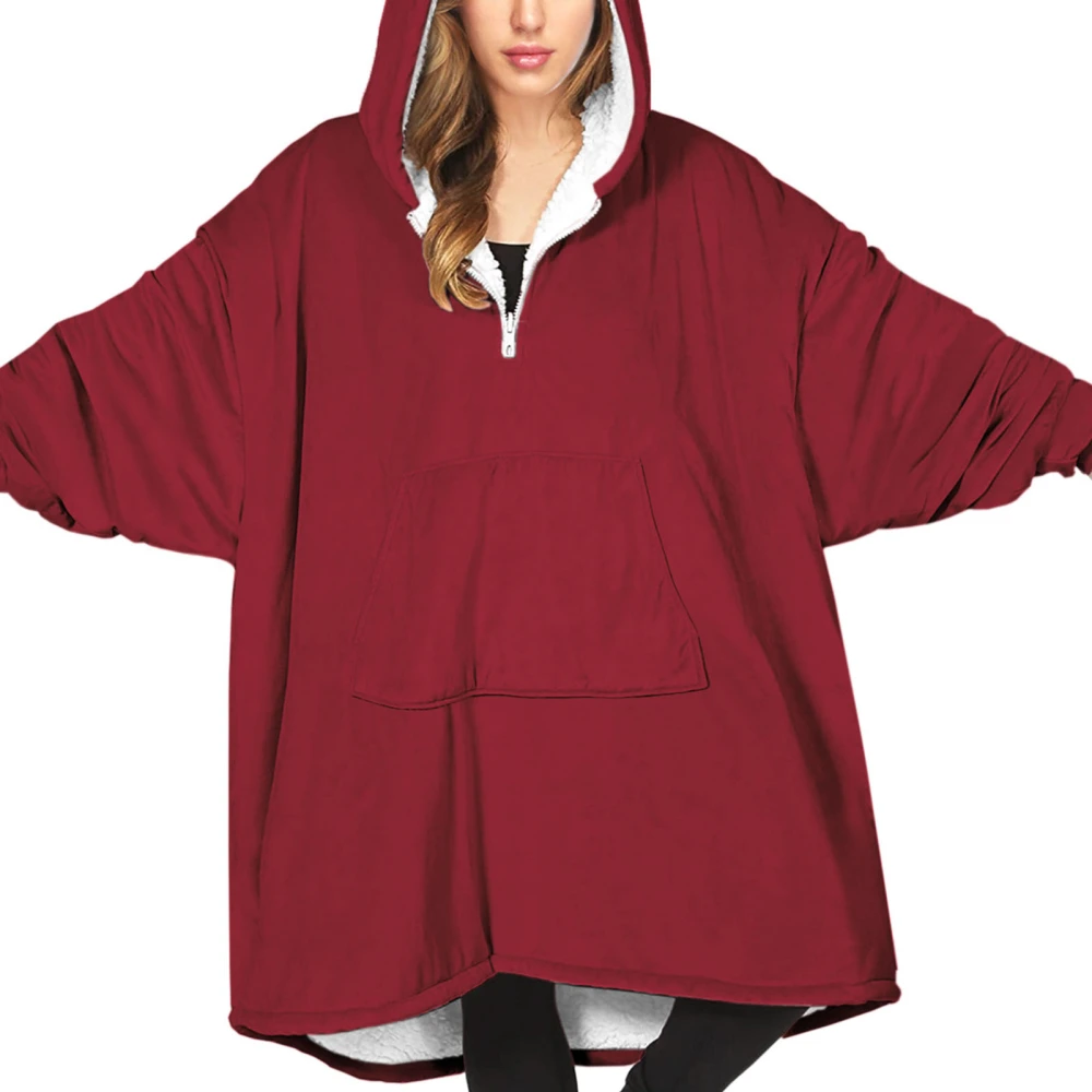 Blanket Hoodie Pure Color Long Sleeves Zipper Design Soft Comfortable Wearable Blanket for Home Casual Red Free Size