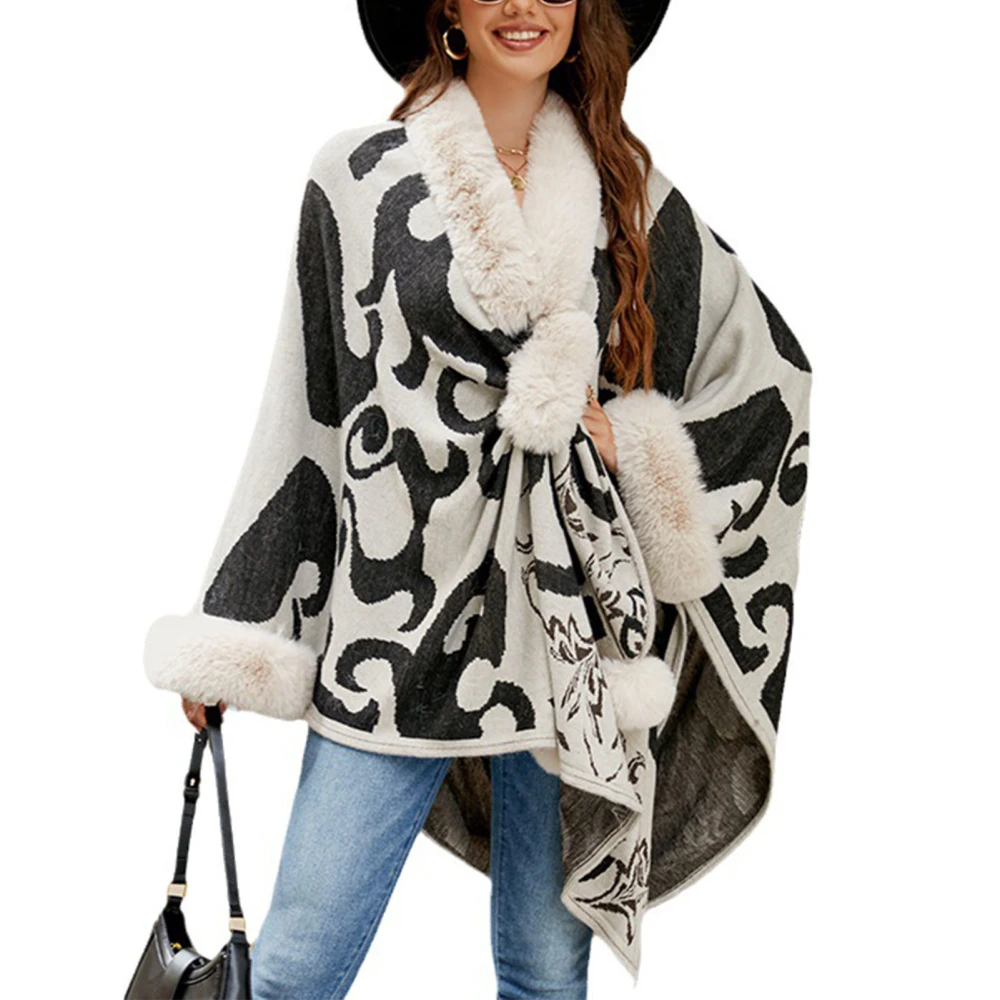 Women Poncho Cape V Neck Long Sleeves Fur Collar Warm Contrast Color Warp Cape for Fall Winter Apricot Free Size