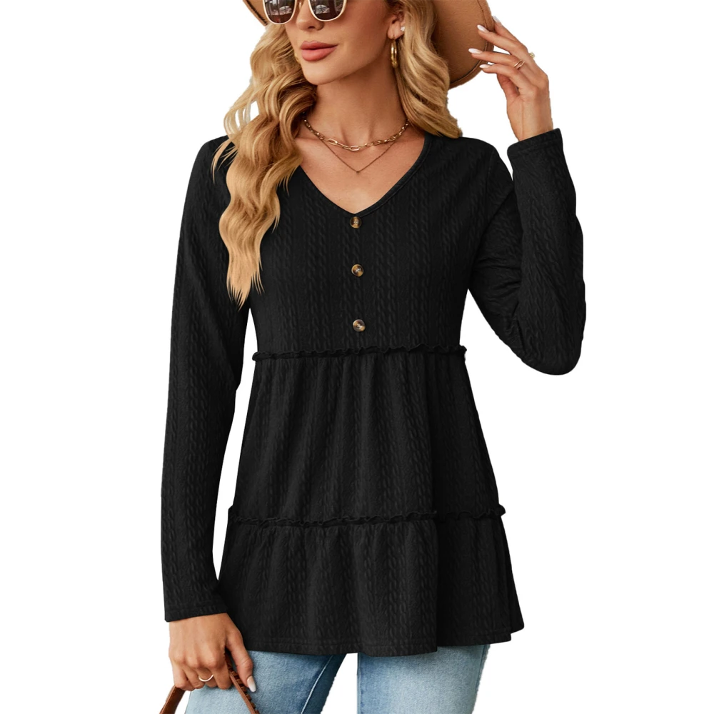 Women Ruffle Hem Blouse V Neck Button Front Long Sleeve Loose Fit Textured Pullover Top Black S