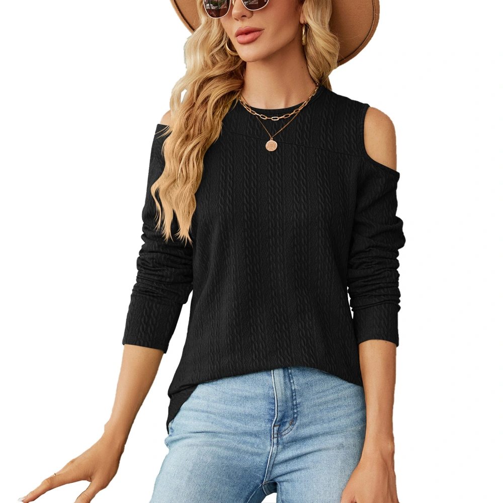 Women Cold Shoulder Fall Top Crew Neck Long Sleeve Loose Fit Casual Textured Basic Tee Top Black L