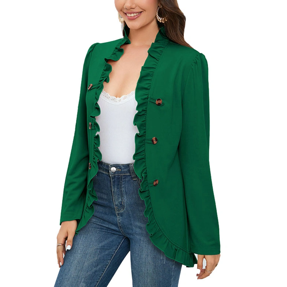 Women Formal Ruffle Coat Double Button Long Sleeve Plain Color Short Open Front Lady Ruffle Coat Green S