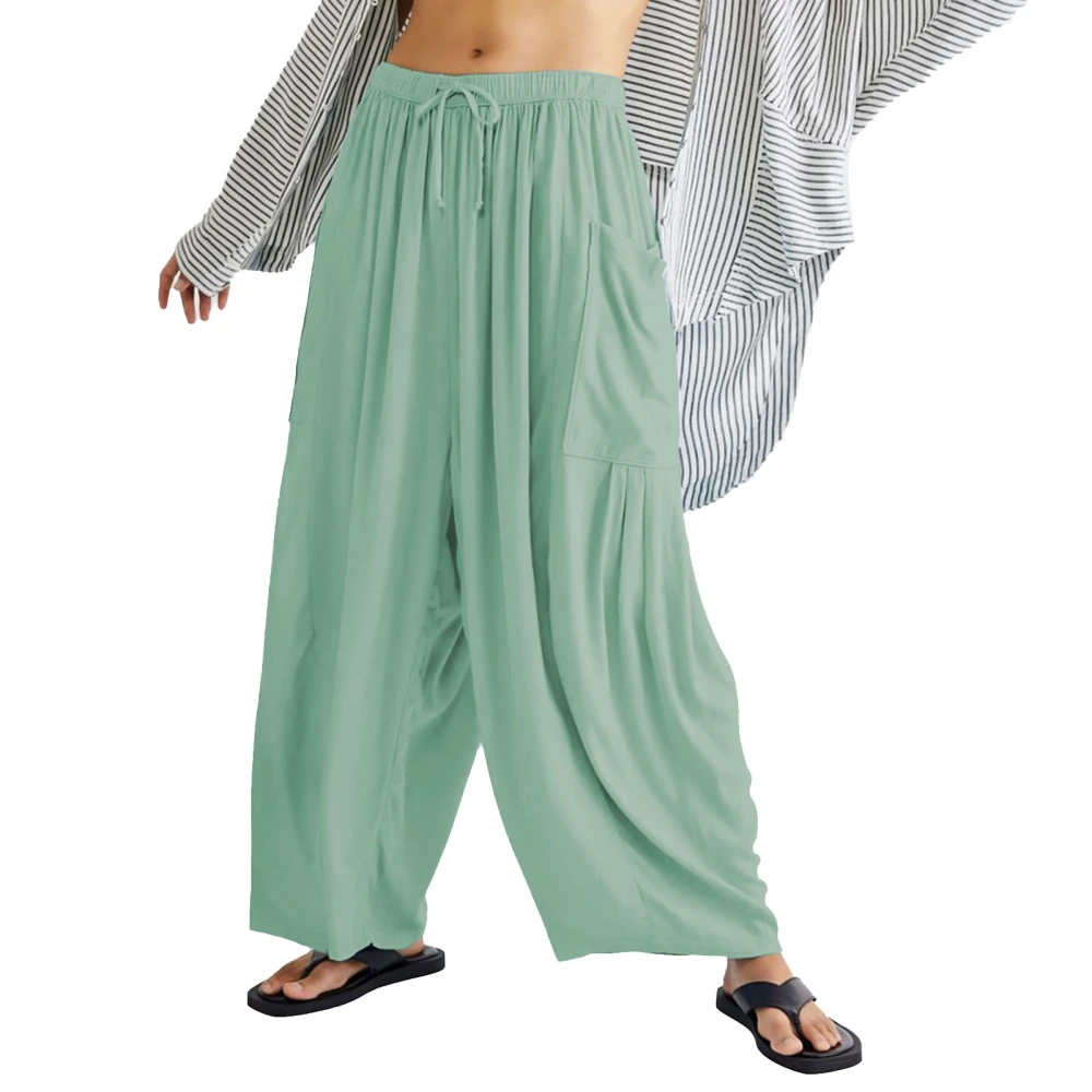 Casual Wide Leg Pants Elastic Waist Drawstring Wide Leg Long Trousers with Pocket for Yoga Home Mint Green M